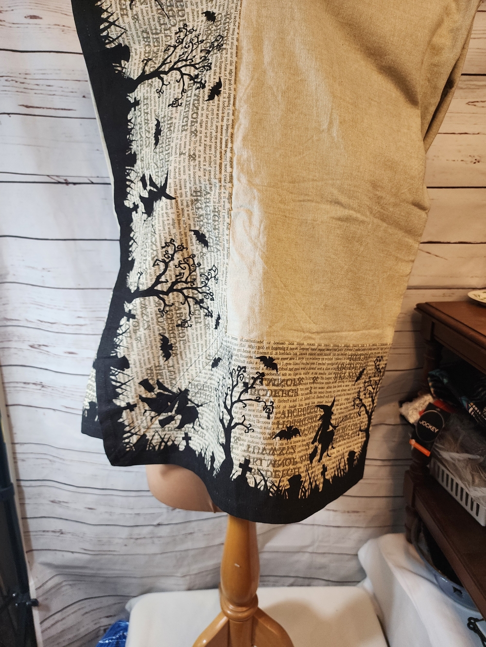 Beige and Black Halloween Dinner Table Cloth Vintage Print Witches Bats Trees